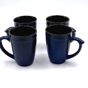 Cuisinart Navy Blue Stoneware Mugs Set of 4 Beaded Rim  12oz Coffee Tea